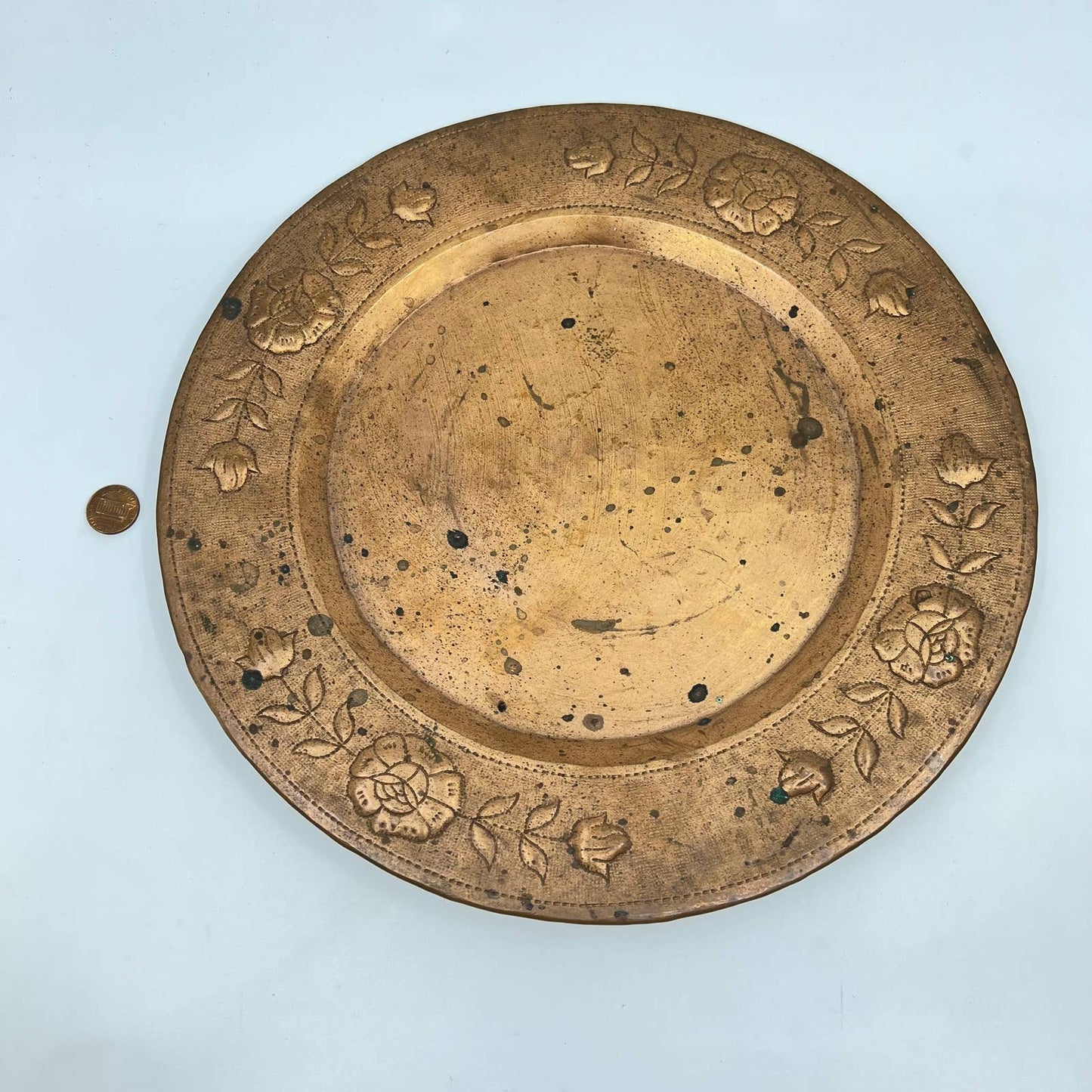 Vintage Solid Copper Pressed Floral Design Serving Tray 12” TF4