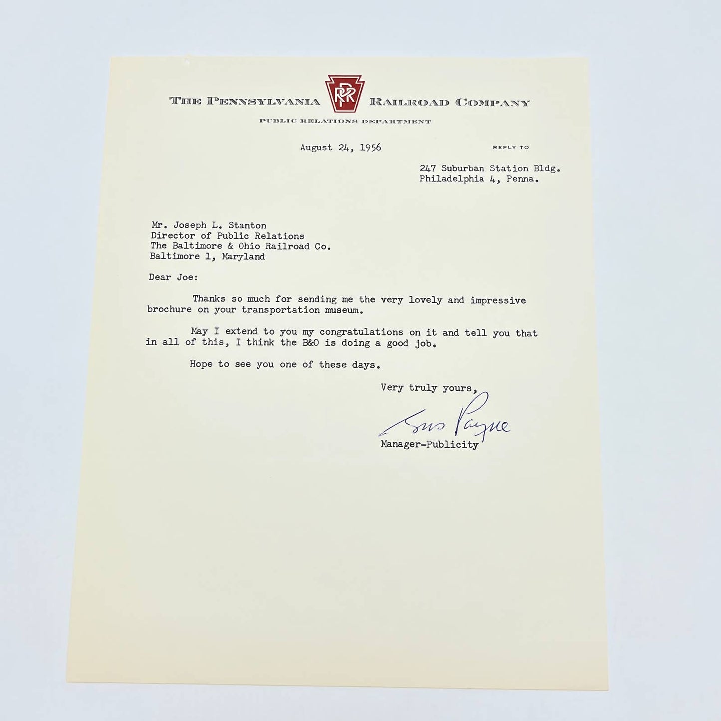 1956 Pennsylvania Railroad Co Public Relations Department Letterhead Memo AB8