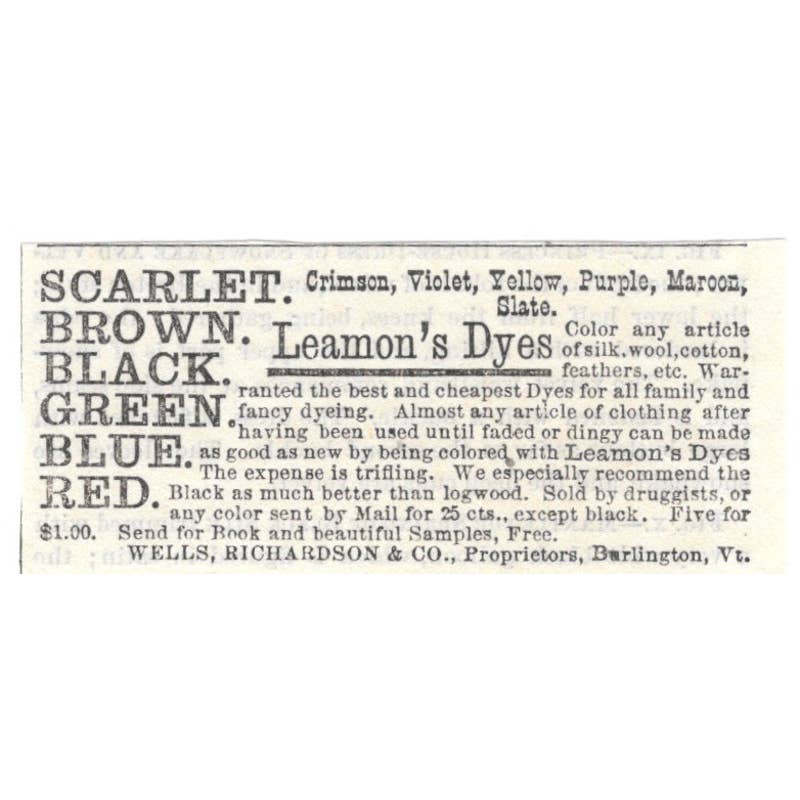 Leamon's Dyes Wells, Richardson & Co Burlington VT - Ad 1878 Original TJ7-L2-3