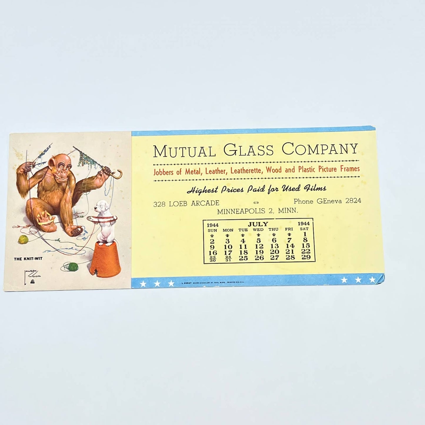 1944 Blotter Mutual Glass Company Minneapolis MN Monkey Knit-Wit AB8-1