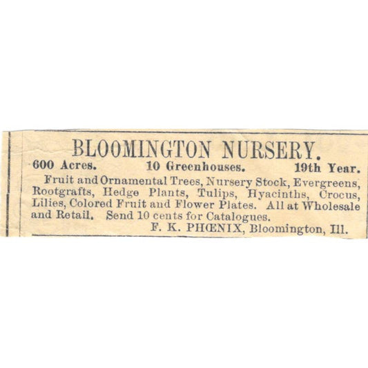 Bloomington Nursery F.K. Phoenix Bloomington IL - Ad 1878 Original TJ7-L2-3