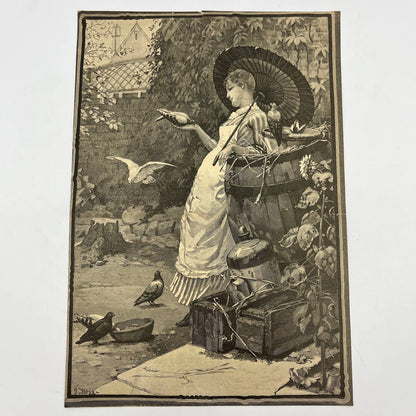 Old Antique Print 1887 Begg Fine Art Pigeon Fancier Victorian Woman ~8x11" FL5