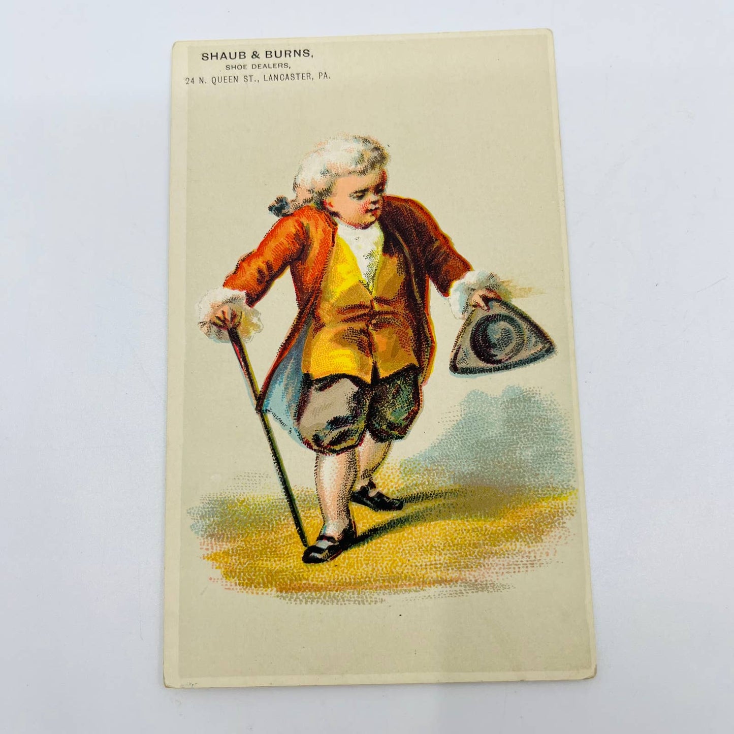 1880s Victorian Trade Card Lancaster PA Shaun & Burns Shoes Colonial Man AA2