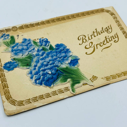 1910s Birthday Card Embossed Airbrushed Art Nouveau Folding Forget Me Not PA5