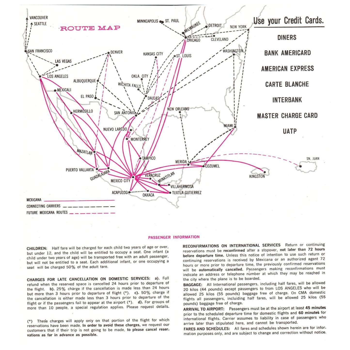 1970 Mexicana Airline Schedules and Fares Timetable Fold Out Brochure SE4