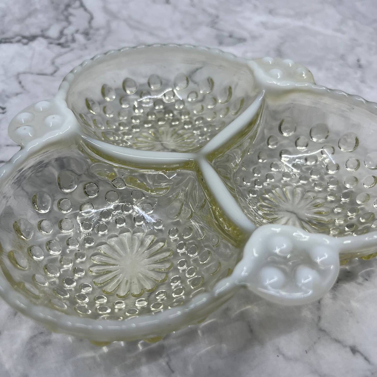 Anchor Hocking Moonstone Hobnail Ruffled Divided 3 Section Candy Dish 6.5” TC4