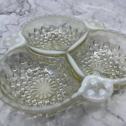 Anchor Hocking Moonstone Hobnail Ruffled Divided 3 Section Candy Dish 6.5” TC4