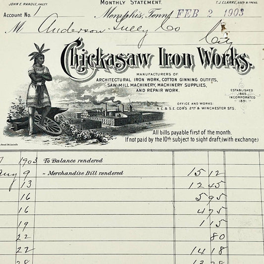 1903 Chickasaw Iron Works John E Randle Letterhead Memphis TN AB5