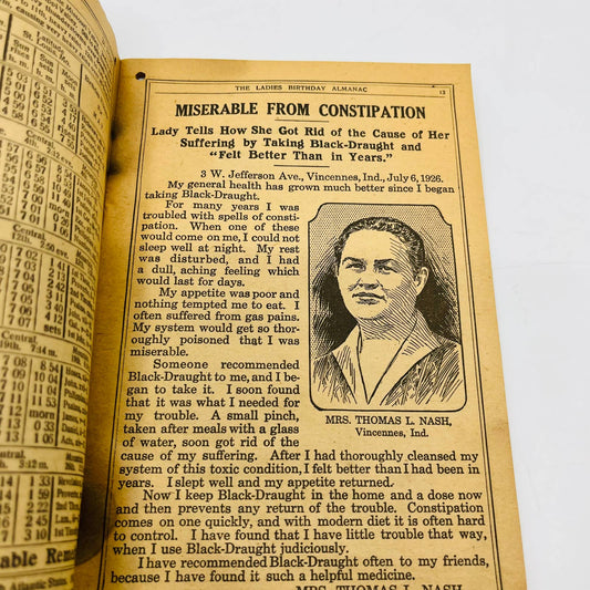 1928 Ladies Birthday Almanac Quack Medicine Thedford’s Black Draught Cardui C10