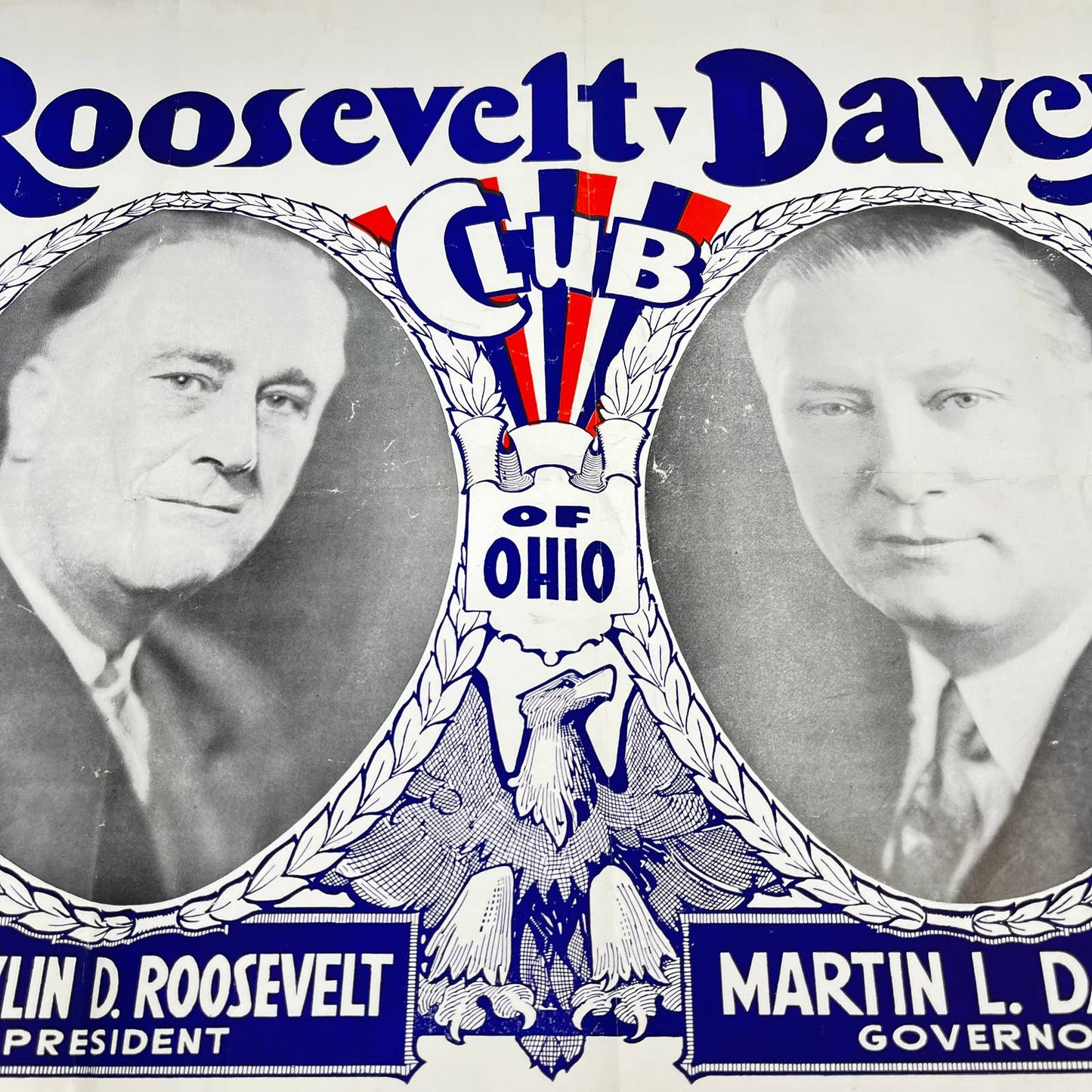 1930s ROOSEVELT DAVEY CLUB OF OHIO POSTER Political Presidential Election TE3