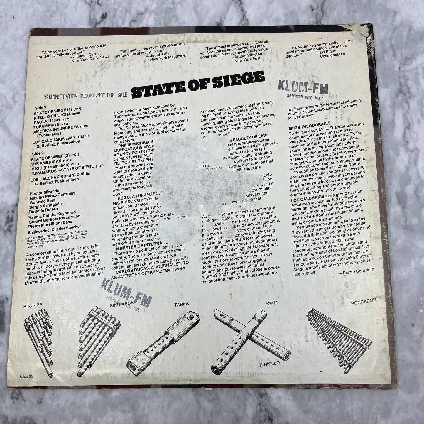 State of Siege Soundtrack LP Record Mikis Theodorakis PROMO KLUM-FM TJ4