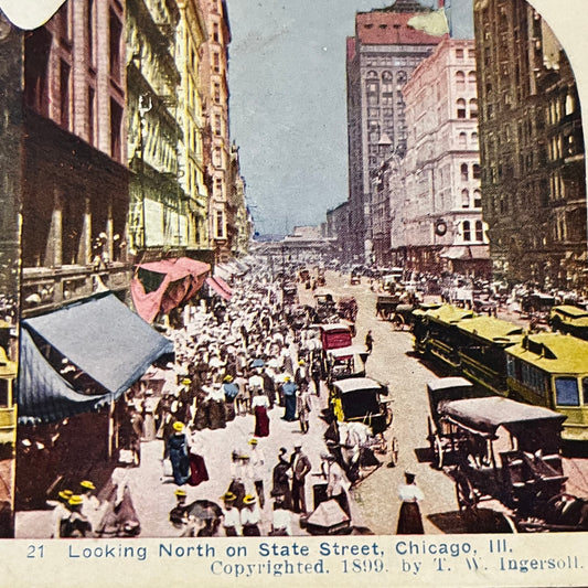 Looking North on State Street Chicago IL 1899 Antique Stereoview Card TJ9-V2