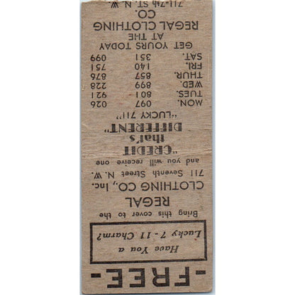 Lucky 7-11 Regal Clothing Co Advertising Matchbook Cover MM9-10