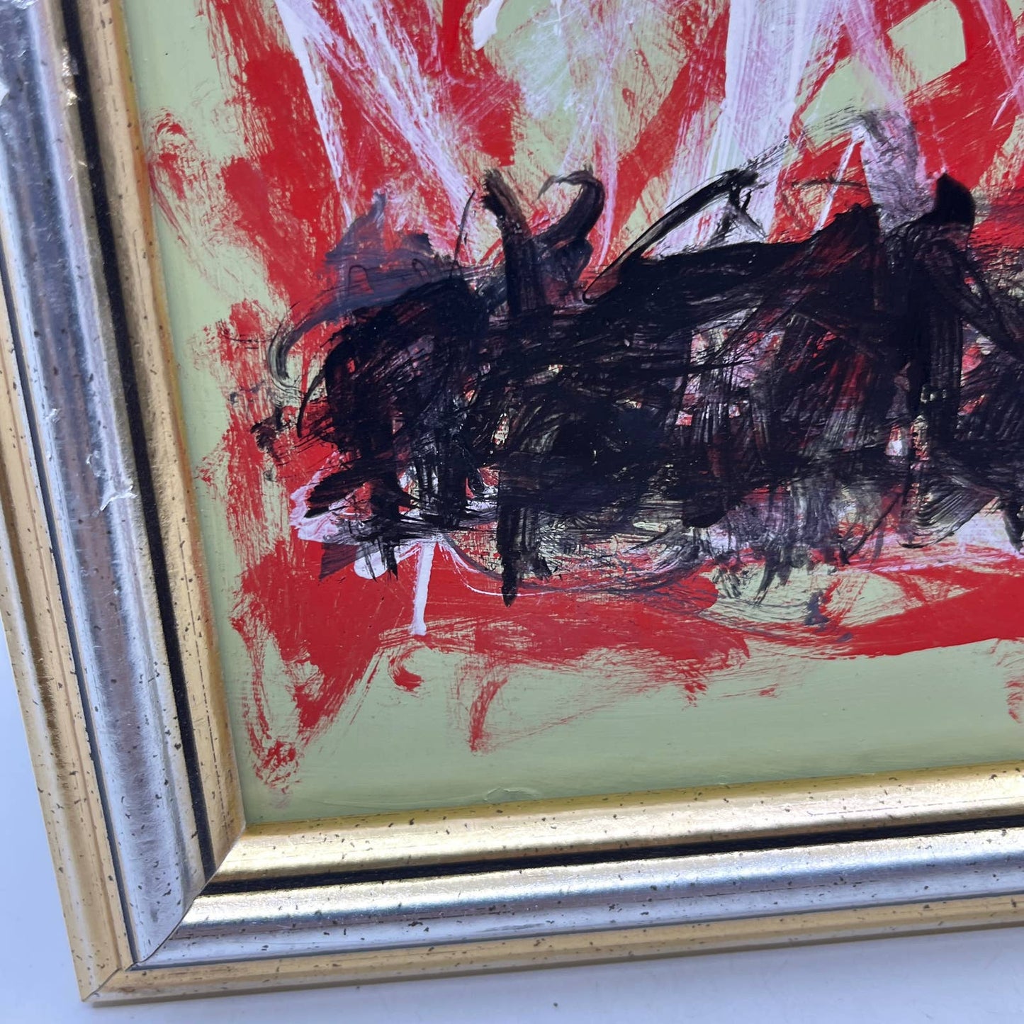 Framed Original Abstract Art Painting "Tire Fire" Acrylic on Glass 8x9 TI5