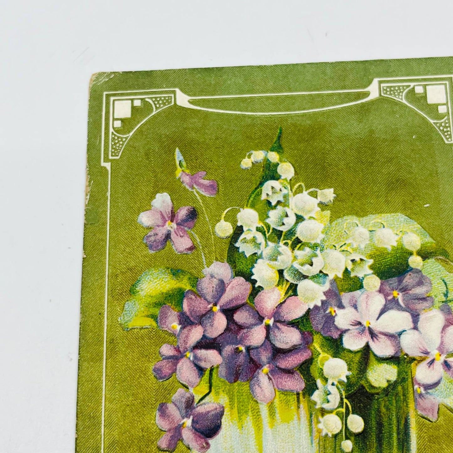 1910s Easter Post Card Art Deco Chromatic Green Lilly of the Valley Violets PA5