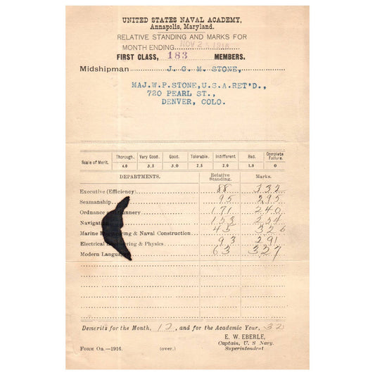1916 Nov WWI Era US Naval Academy Midshipman JGM Stone Report Card EW Eberle AC9