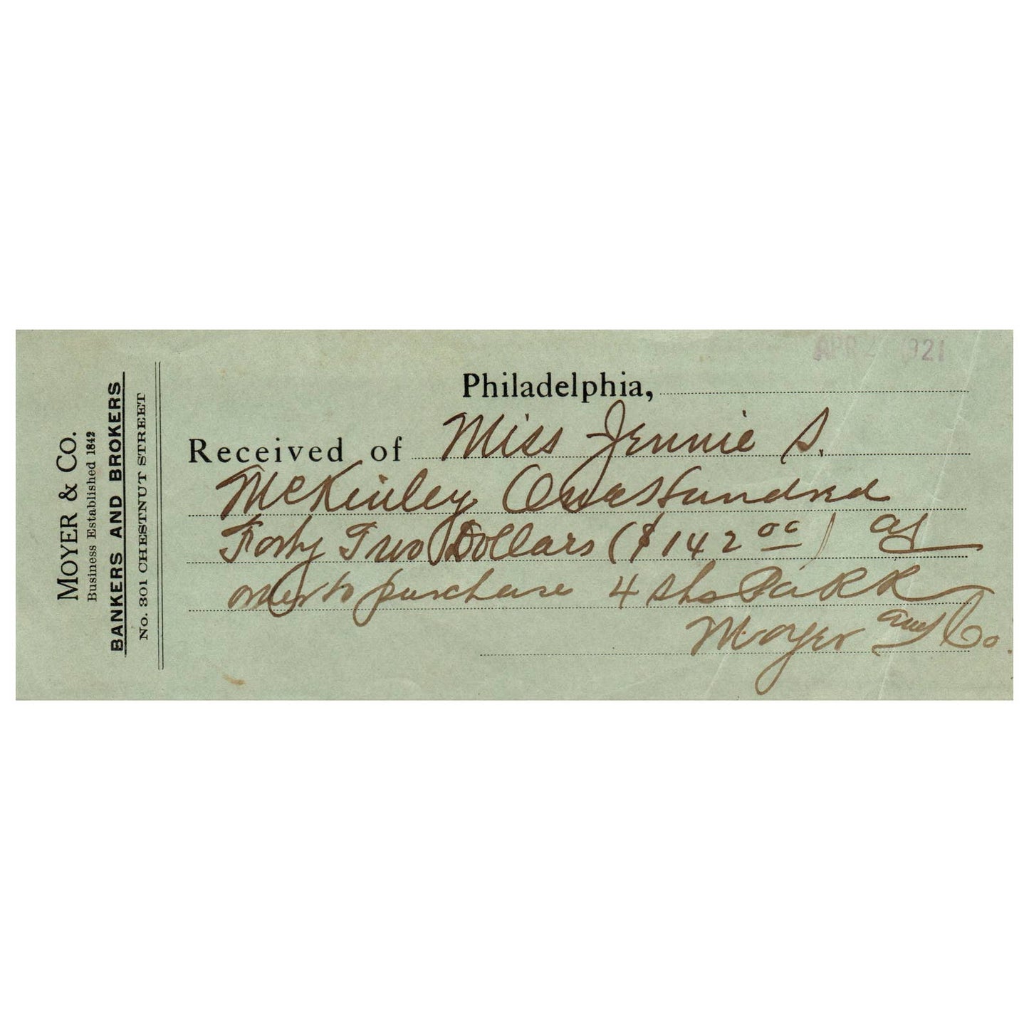 1921 Moyer & Co Bankers and Brokers Philadelphia Bank Check AD8