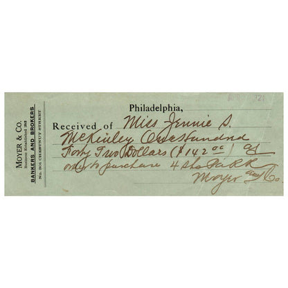 1921 Moyer & Co Bankers and Brokers Philadelphia Bank Check AD8