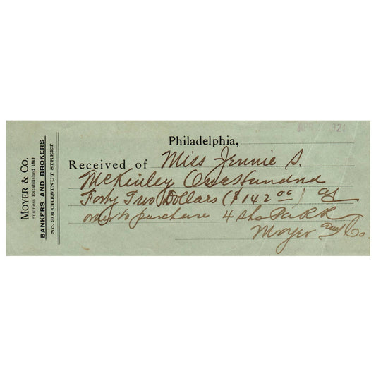 1921 Moyer & Co Bankers and Brokers Philadelphia Bank Check AD8
