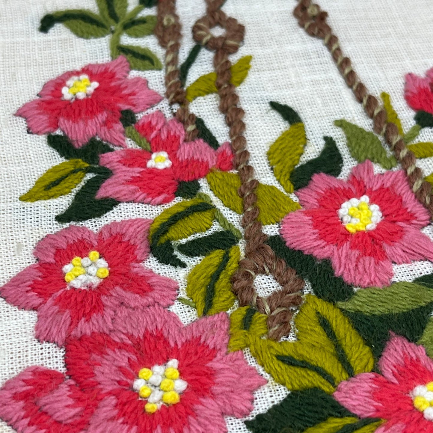 1970s Embroidery Crewel Wall Art Basket Of Pink Flowers Peonies 14.5x11.75"