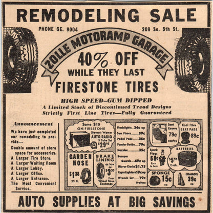 1935 Minneapolis Journal Newspaper Ad Zolle Motoramp Garage Firestone Tires FL5-5