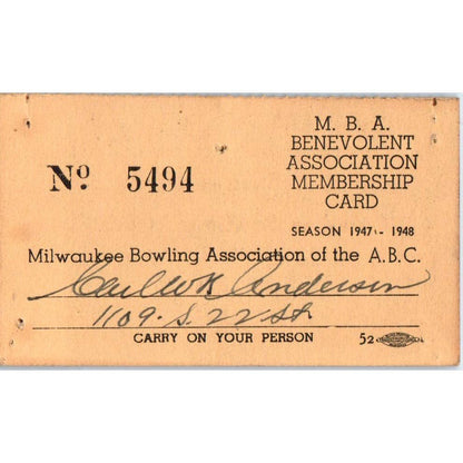 1947 Milwaukee Bowling Association Membership Card Carl W. K. Anderson SE5-3