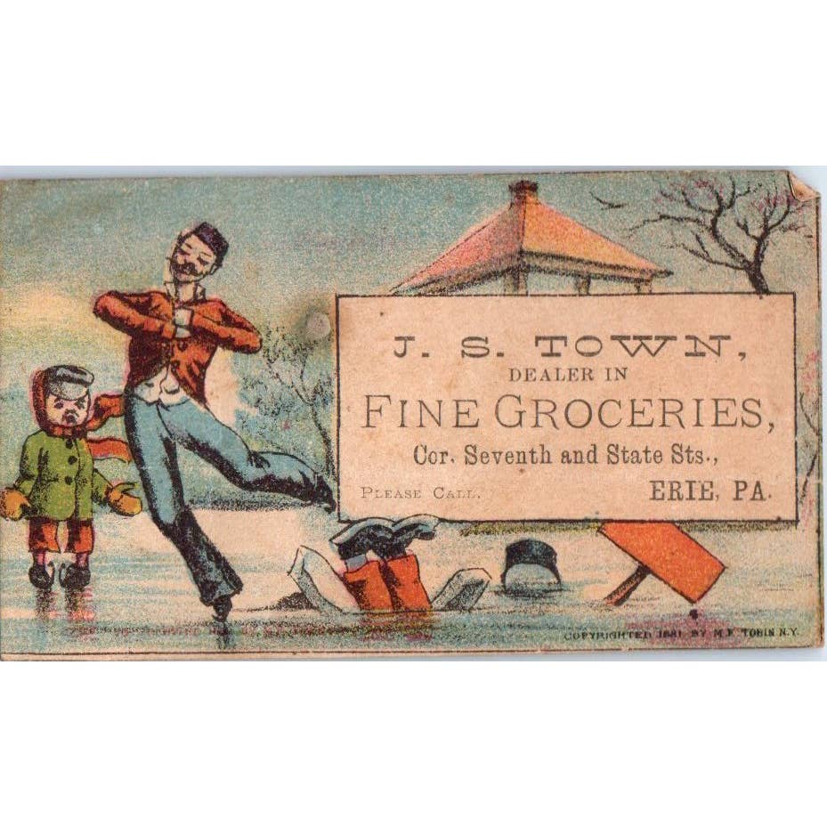 1880s Victorian Trade Card Blank JS Town Fine Groceries Erie PA Ice Skating SF2