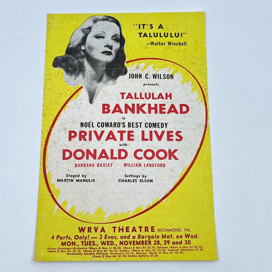 1940s WRVA Theatre Tallulah Bankhead Private Lives Leaflet Richmond VA AB3