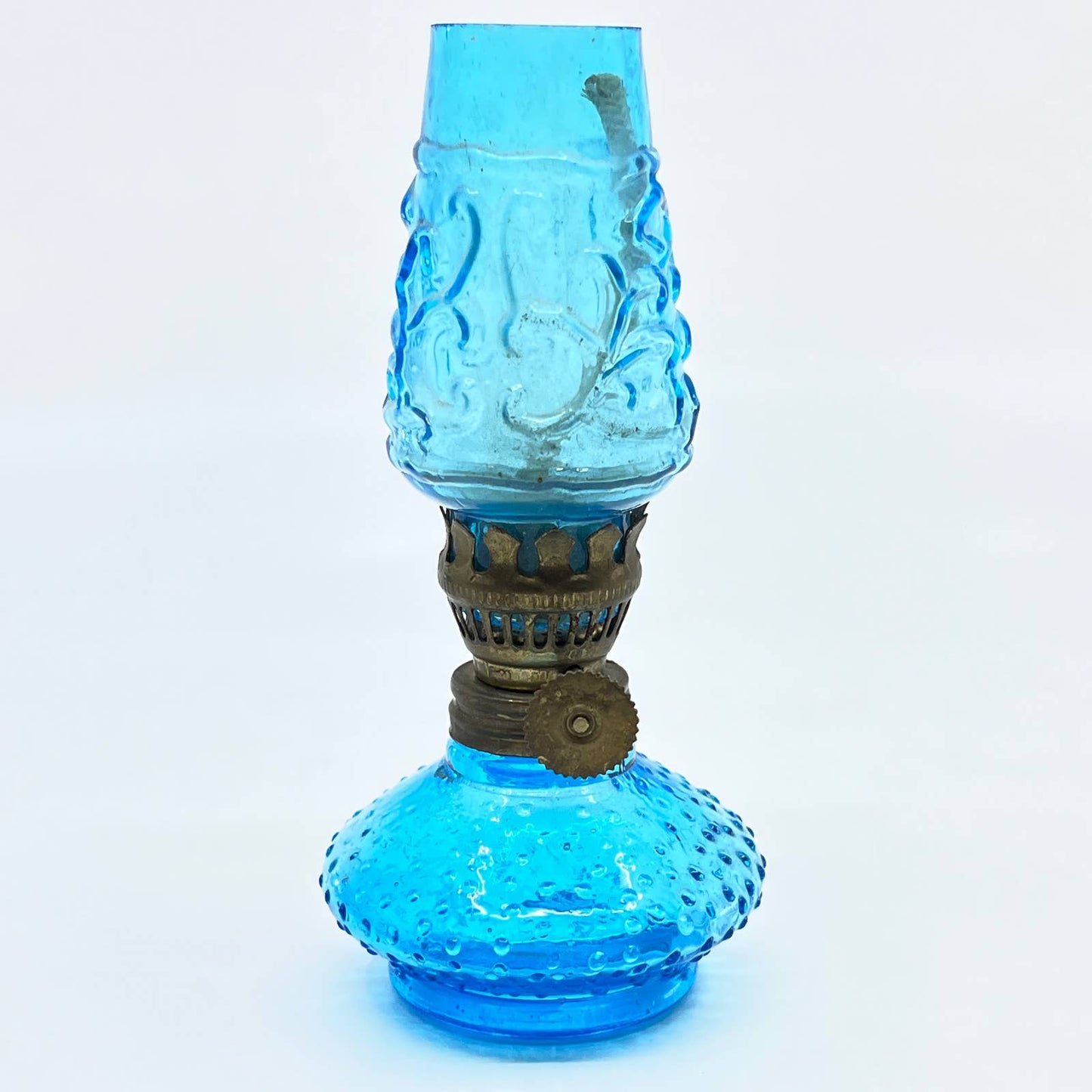 Vintage Mini Cobalt Blue Hobnail Glass Kerosene Oil Lamp 4.5" TC7-1