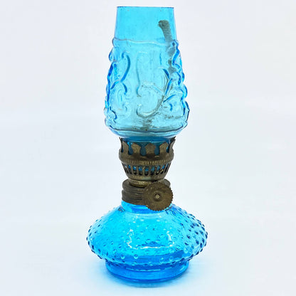 Vintage Mini Cobalt Blue Hobnail Glass Kerosene Oil Lamp 4.5" TC7-1