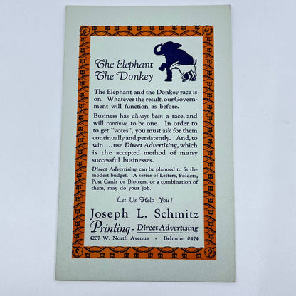 1940s Blotter Card Elephant and Donkey Joseph L. Schmitz Printing Chicago IL SC9