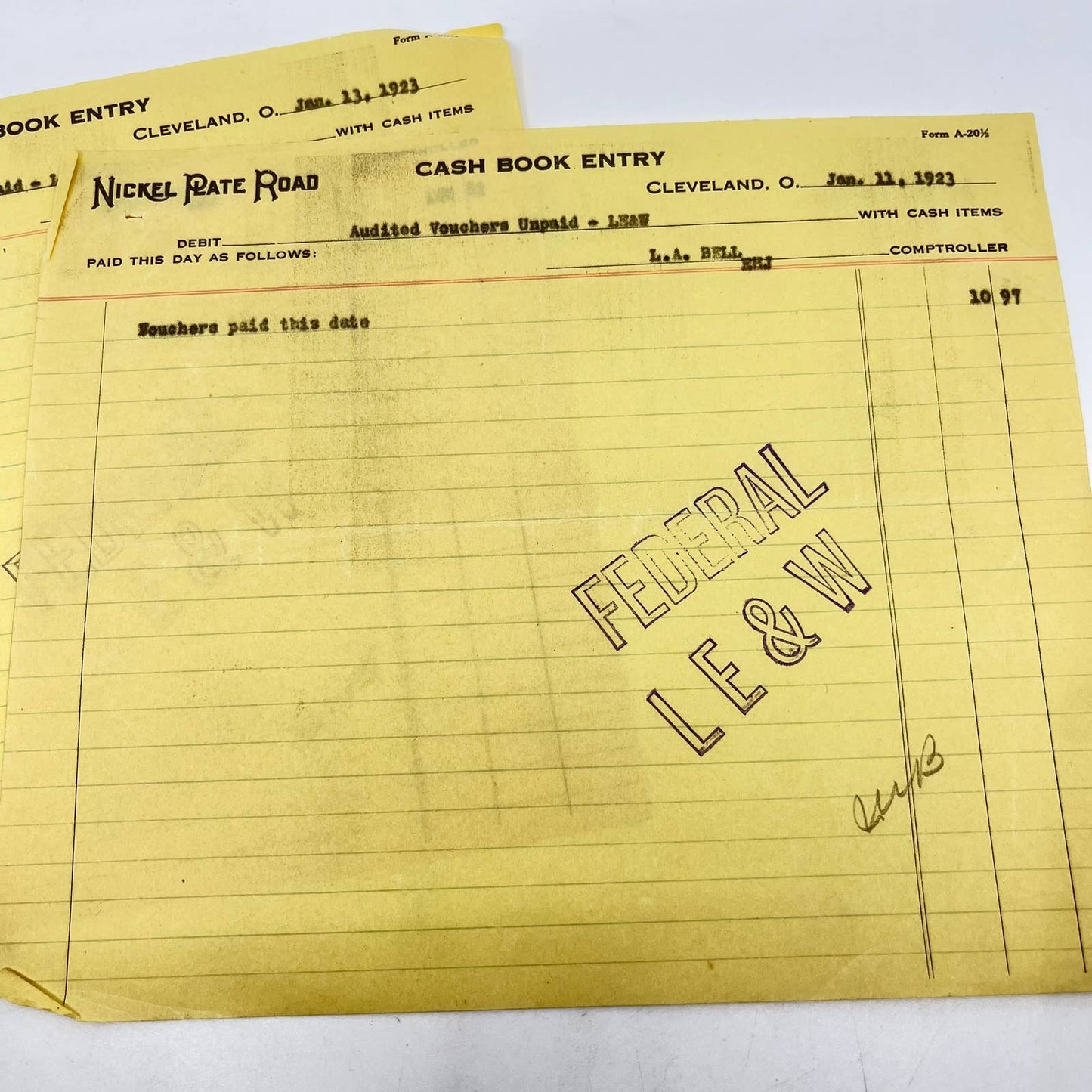 1923 New York, Chicago & St Louis Railroad Co. Cash Book Entry Receipt Lot 2 AA9