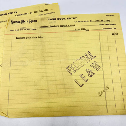 1923 New York, Chicago & St Louis Railroad Co. Cash Book Entry Receipt Lot 2 AA9