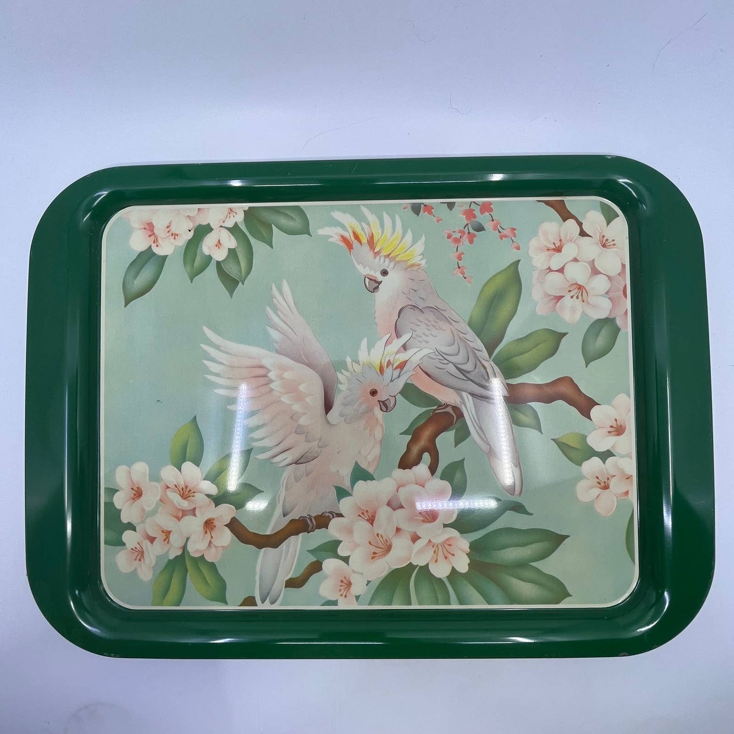 1950's Set of 4 MCM Cockatiel Tropical Toleware Tin Litho Trays 17.5 x 13” TH9-2