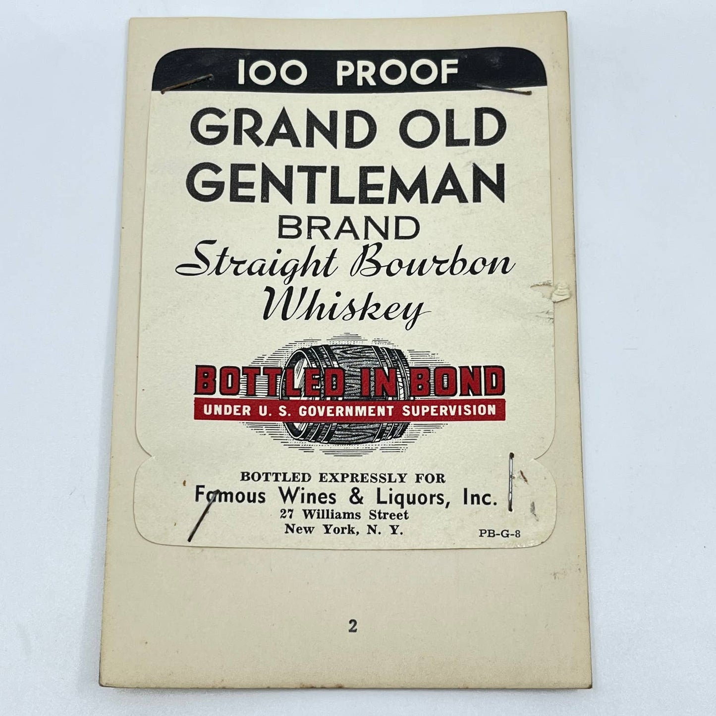 Grand Old Gentleman Bourbon Whiskey Label Famous Wines & Liquors New York NY