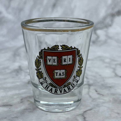 Vintage Shot Glass HARVARD UNIVERSITY Clear Gold Highlights Bar Ware Veritas TI9