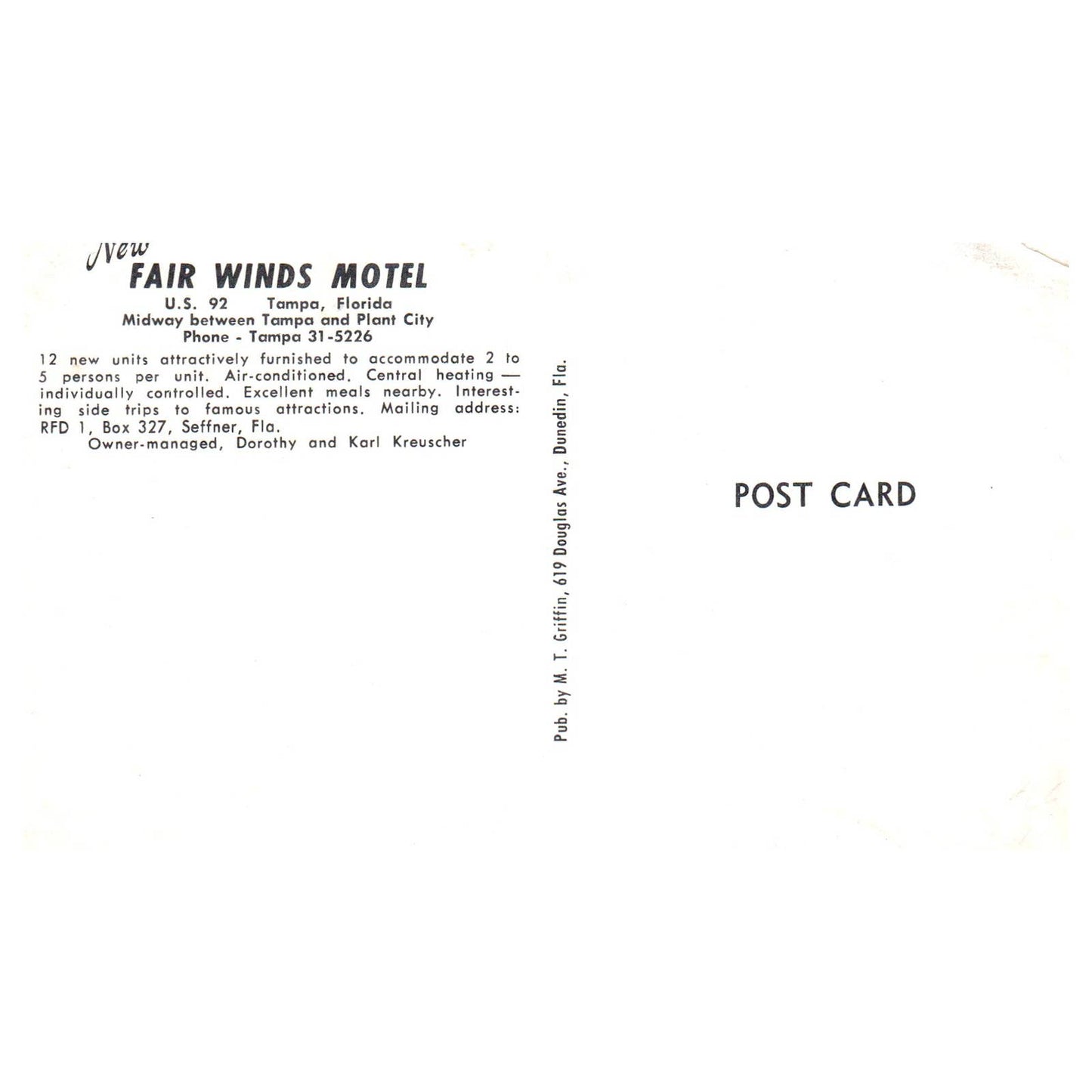 Fair Winds Motel Tampa Florida Dorothy and Kary Kreucher - Postcard TJ8-1