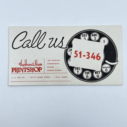1950s Blotter Card The Hawaii News Print Shop Hilo Hawaii SC9