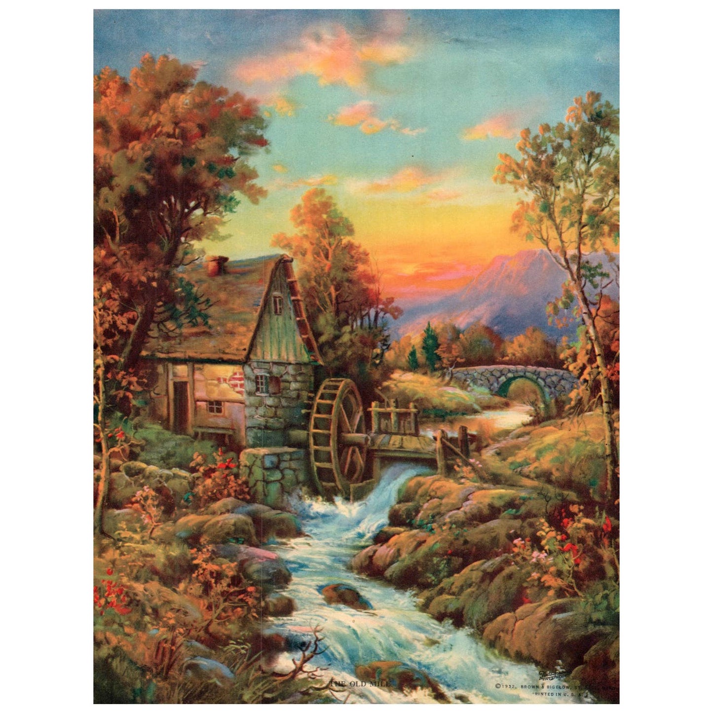 Vintage Print Old Mill Cottage Stream Stone Bridge ~7x9" AC9