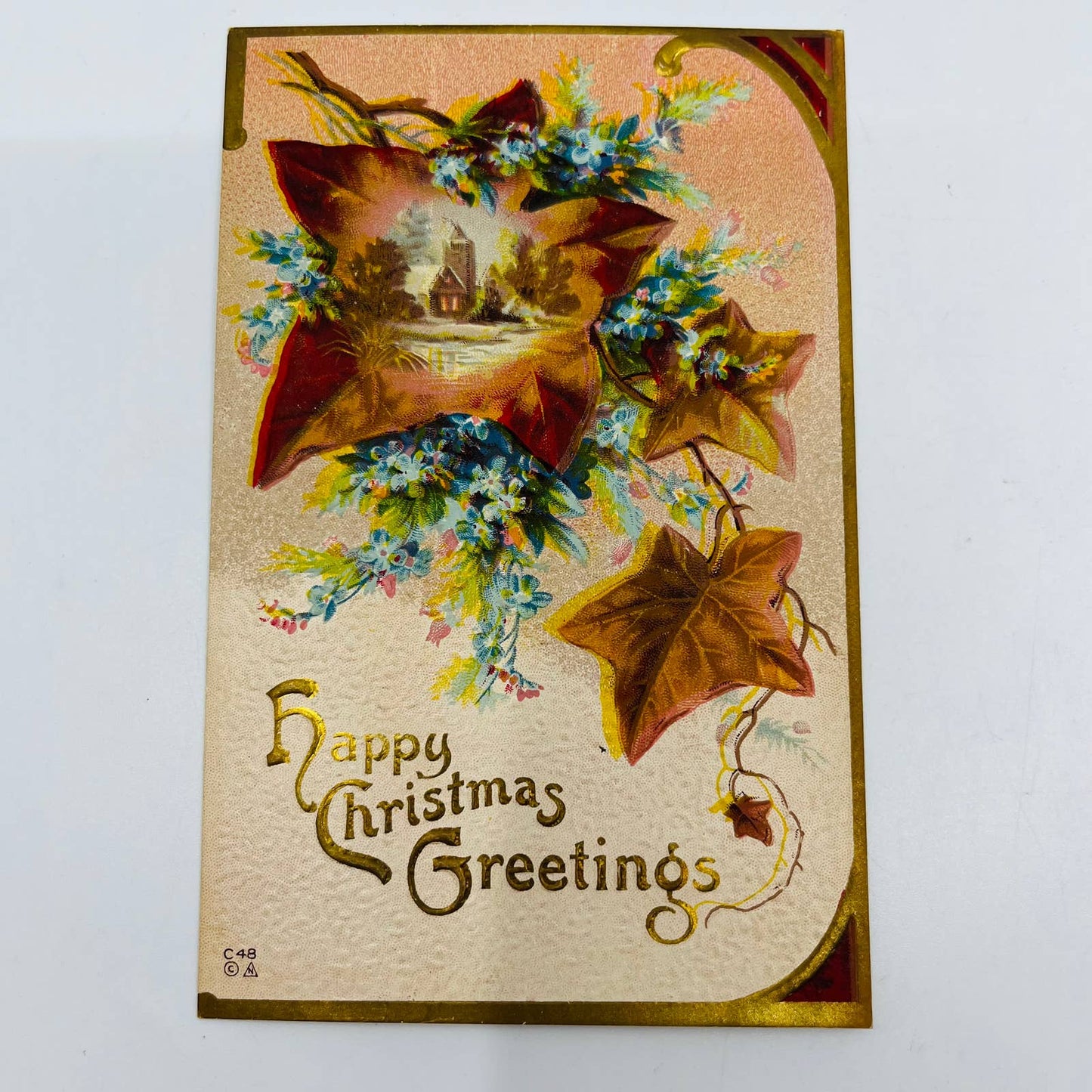 1910s Christmas Post Card Embossed Church Snow Maple Leaves E. Nash Gilt PA4