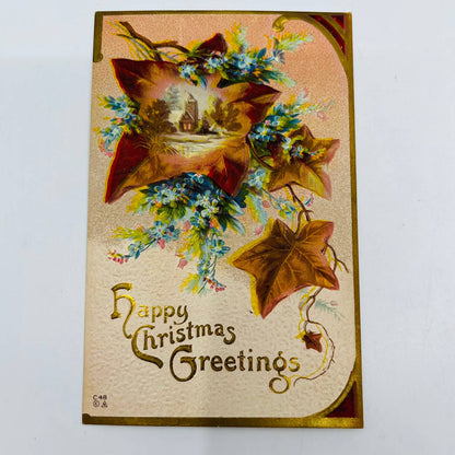 1910s Christmas Post Card Embossed Church Snow Maple Leaves E. Nash Gilt PA4