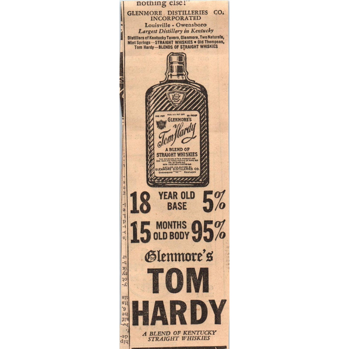 1935 Minneapolis Journal Newspaper Ad Glenmore's Tom Hardy Whiskies FL5-4