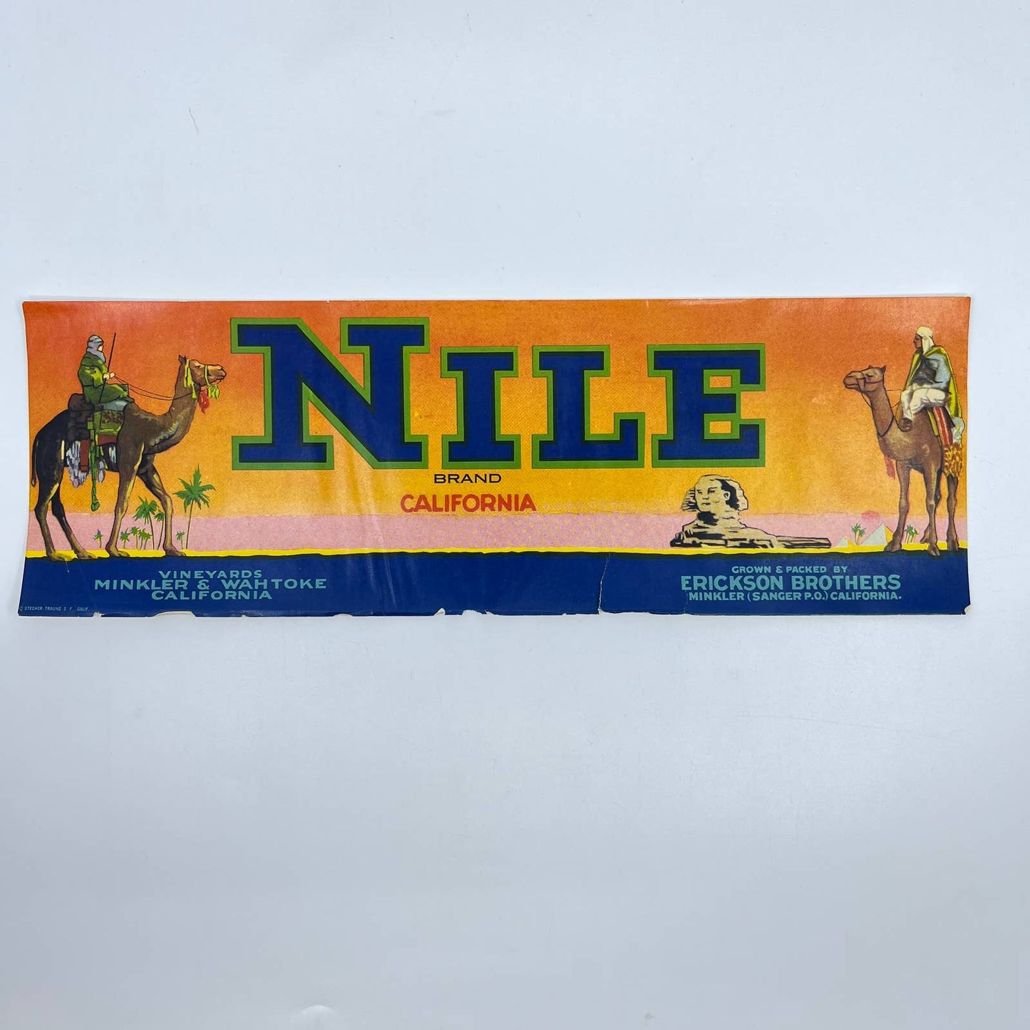 1940s Nile Brand Fruit Label Erickson Bros Minkler CA Egyptian Sphinx CA FL3