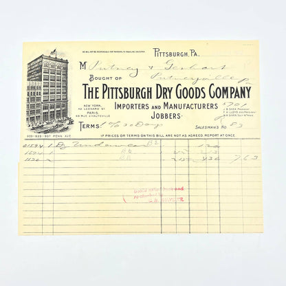 1902 The Pittsburgh Dry Goods Company Billhead Letterhead PA AC2