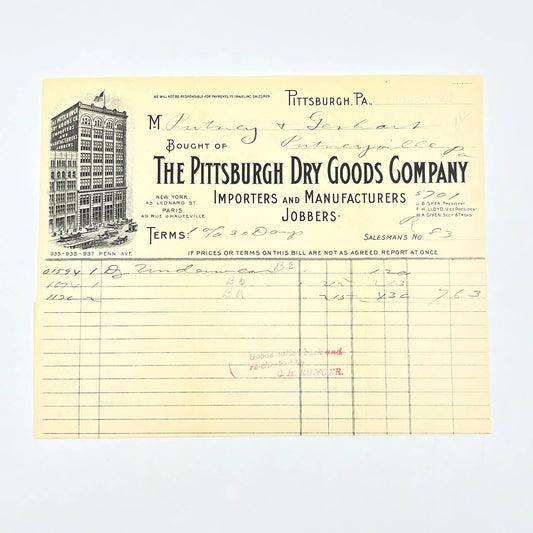 1902 The Pittsburgh Dry Goods Company Billhead Letterhead PA AC2