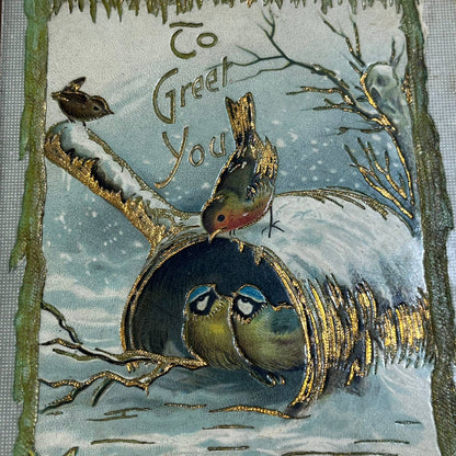 c1910 Embossed Holly Nuthatch Birds Christmas Greetings Postcard Germany PA2