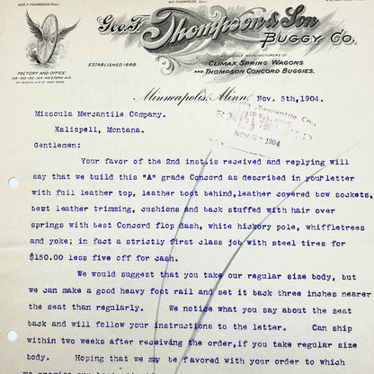 1904 Geo. F. Thompson & Son Buggy Co Letterhead Minneapolis MN AB5