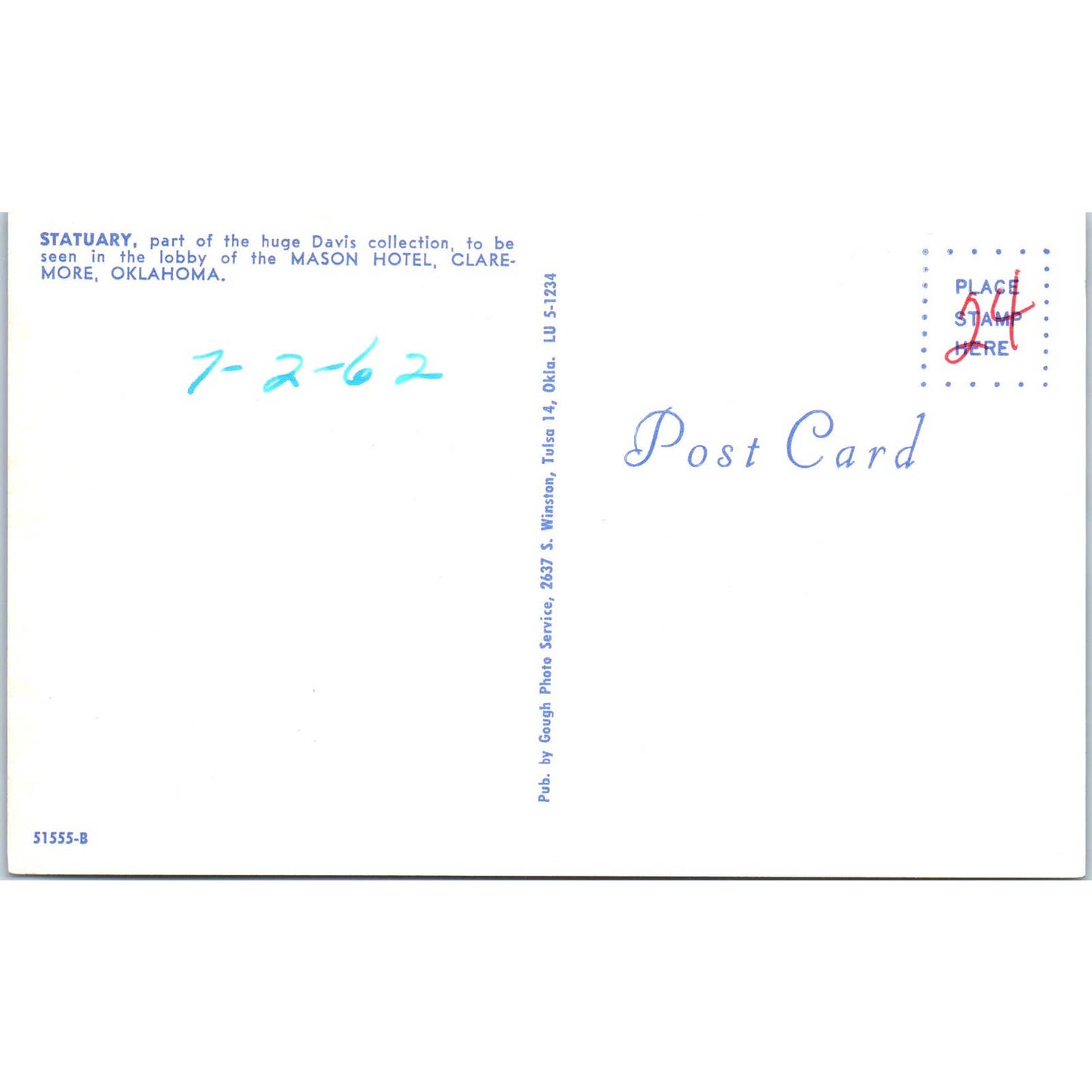 Davis Collection Statuary Mason Hotel Claremore OK Original Postcard TK1-27