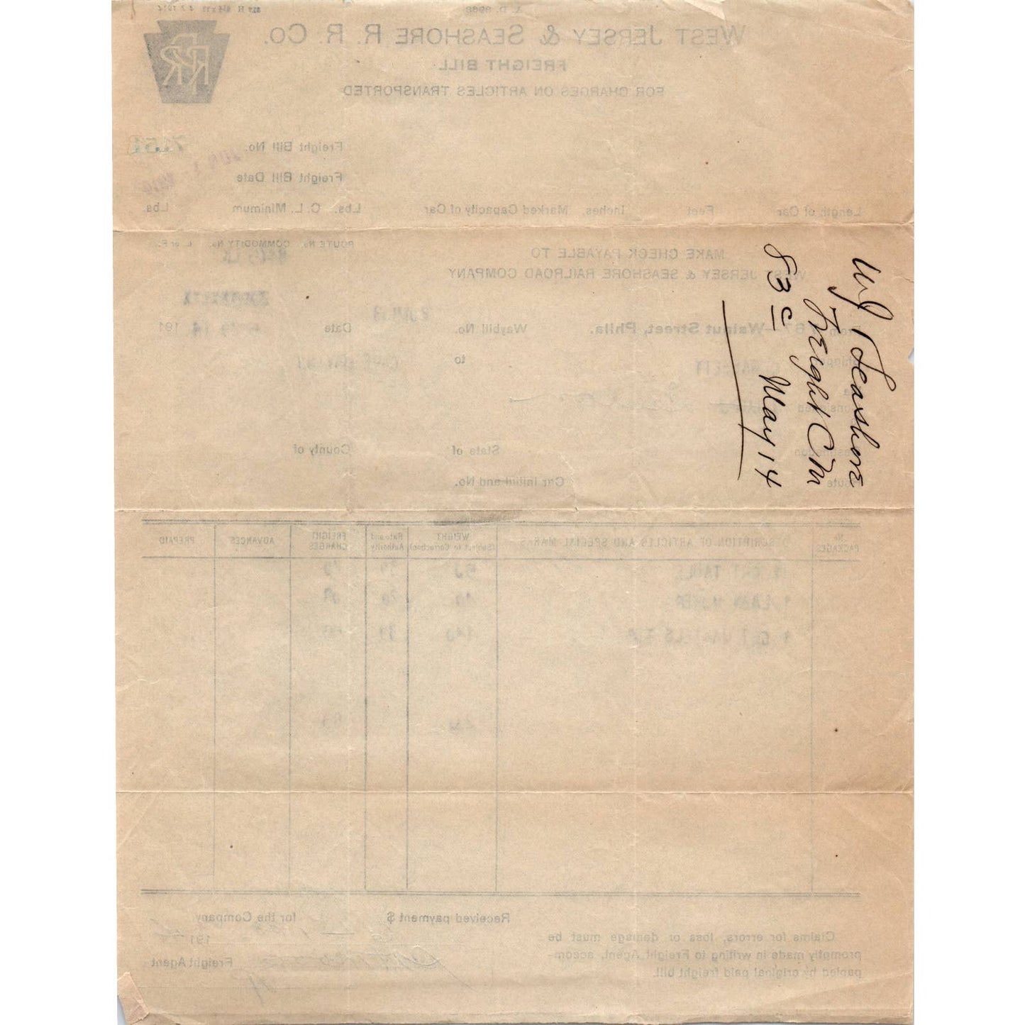 1914 West Jersey & Seashore R.R. Railroad Co. Freight Bill C. Gassett AD8