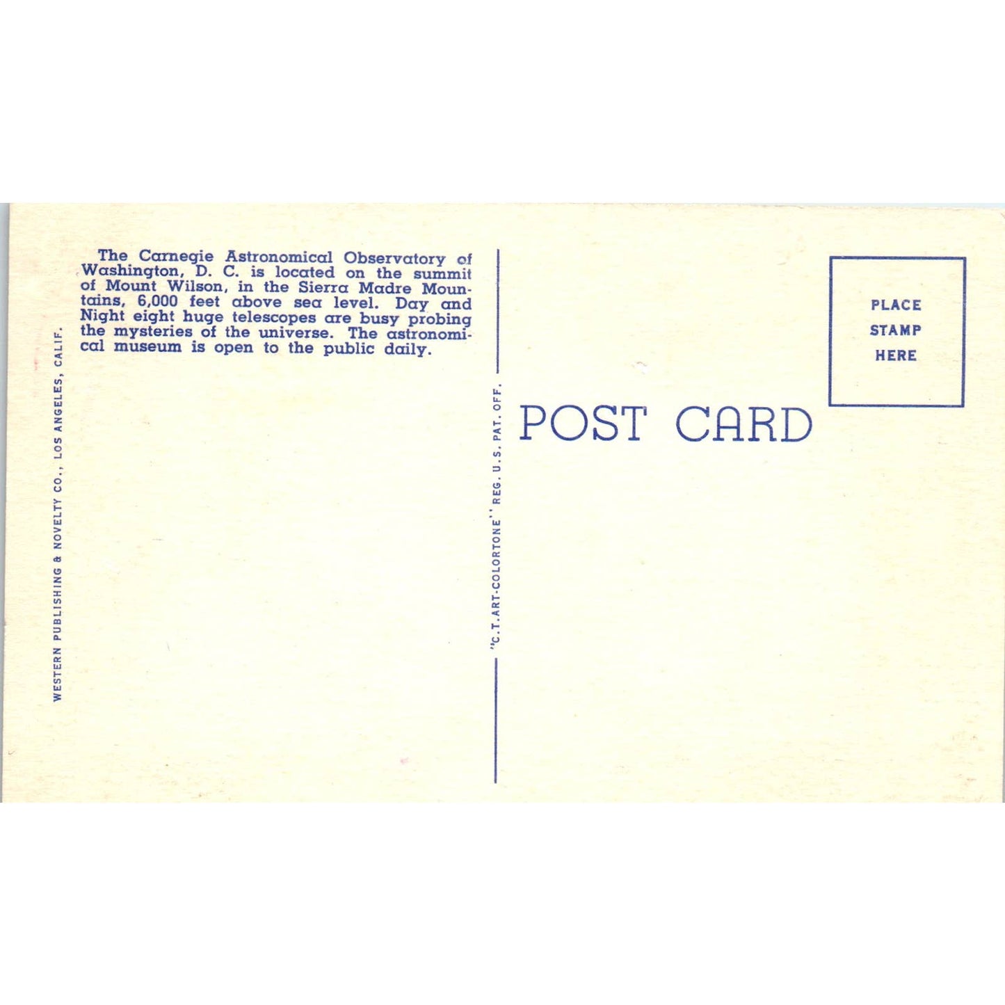 Dome of Hooker Reflector Mount Wilson Observatory CA Original Postcard TK1-24